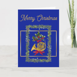 Elegant French Horn Christmas Royal Blue Helgkort