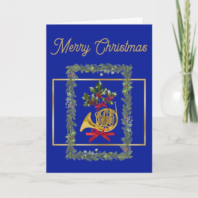 Elegant French Horn Christmas Royal Blue Helgkort (Framsida)