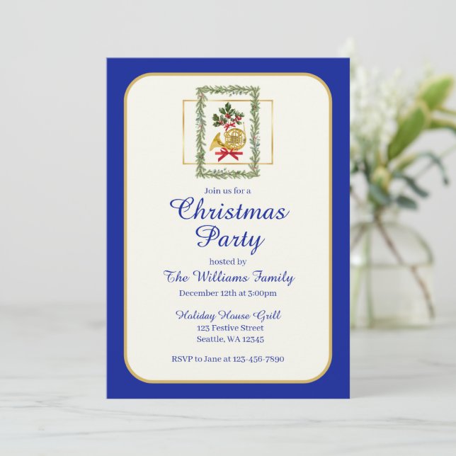 Elegant French Horn Christmas Royal Blue Inbjudningar (Stående Fram)