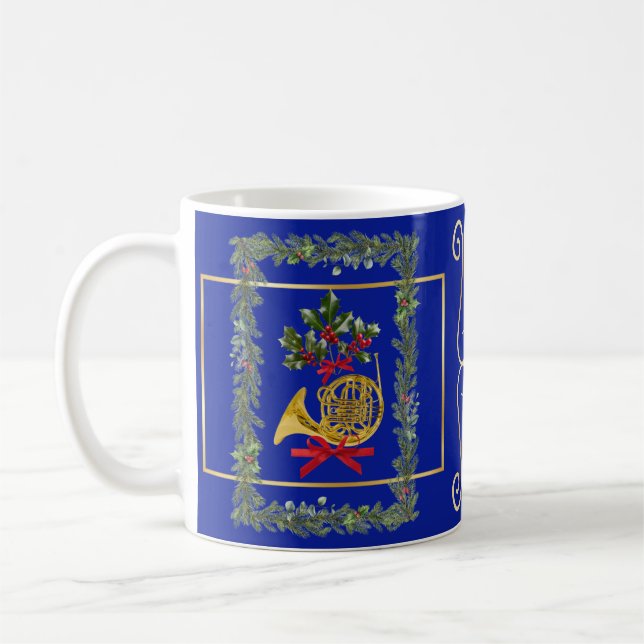 Elegant French Horn Christmas Royal Blue Kaffemugg (Vänster)