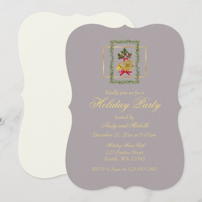 Elegant French Horn Christmas Taupe Card (Fram/baksida)