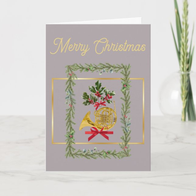 Elegant French Horn Christmas Taupe Helgkort (Framsida)