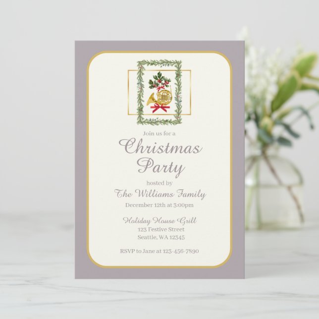 Elegant French Horn Christmas Taupe Inbjudningar (Stående Fram)