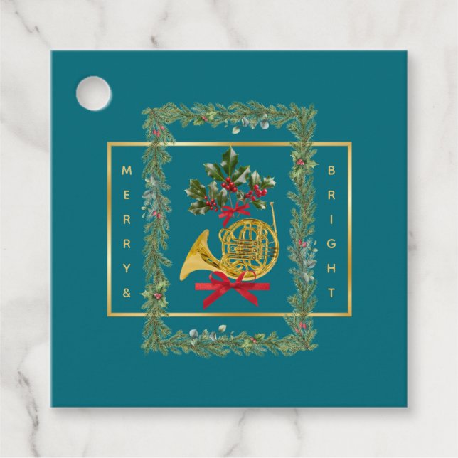 Elegant French Horn Christmas Teal Gåvor Etiketter (Framsida)