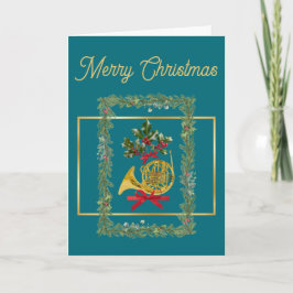 Elegant French Horn Christmas Teal Helgkort