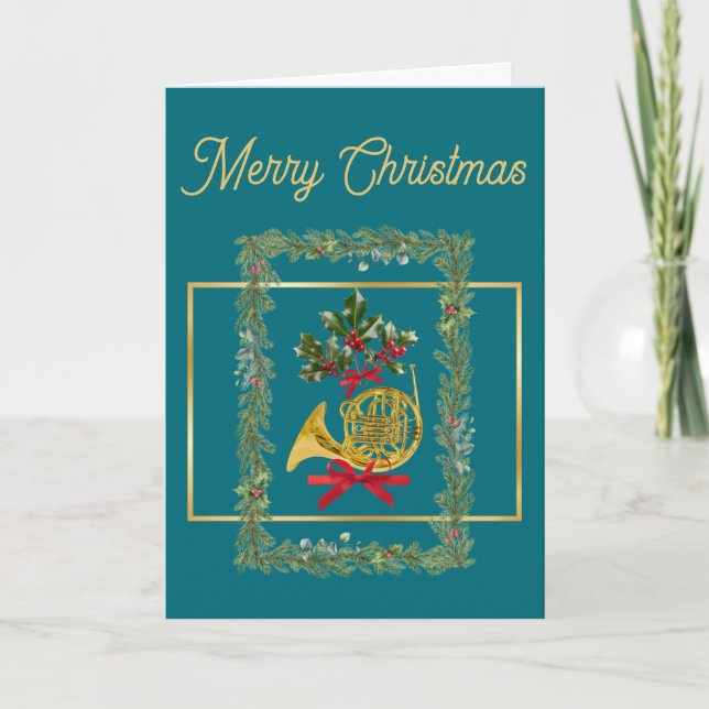 Elegant French Horn Christmas Teal Helgkort (Framsida)
