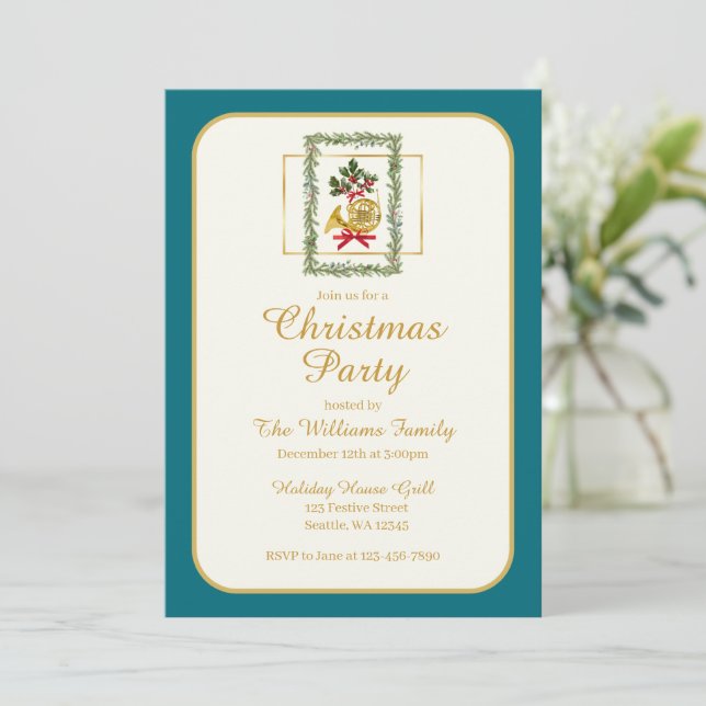 Elegant French Horn Christmas Teal Inbjudningar (Stående Fram)