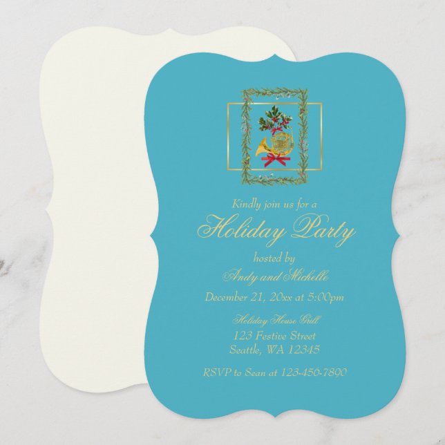 Elegant French Horn Christmas Turquoise Flat Card (Fram/baksida)