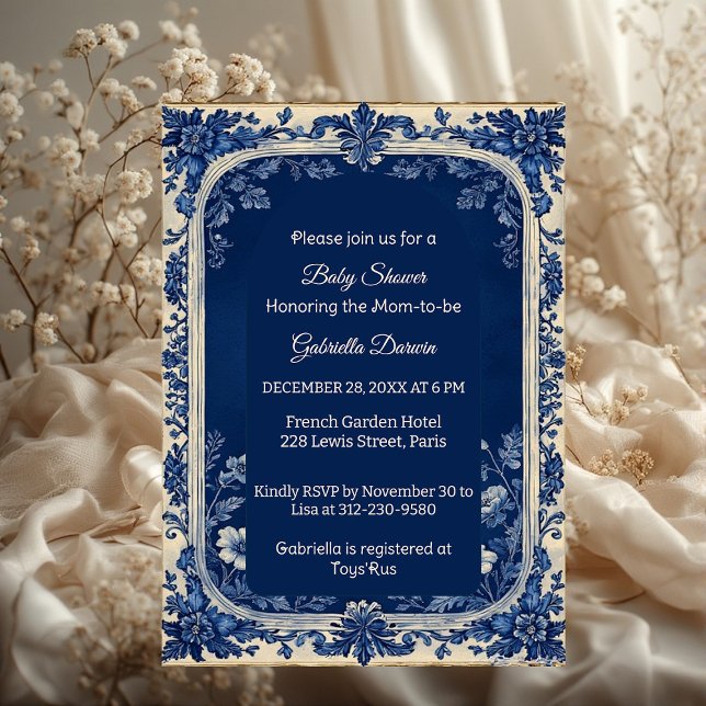 Elegant French Toile Parisian Poetic Baby Shower  Inbjudningar (Elegant French Toile Parisian Poetic Baby Shower Invitation)
