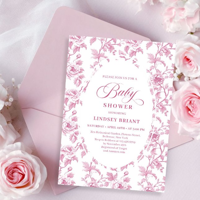 Elegant French Toile Roses Pink Baby Shower Invite Inbjudningar (Elegant French Toile Roses Pink Baby Shower Invitation)