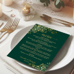 Elegant Frilly Guld Curls on Emerald Grönt Bröllop Meny<br><div class="desc">Denna vackra bröllop-meny är enkel,  elegant,  sofistikerad och snyggt. Den har en grönt som framträder i eleganten med lacy guld-manusgrafi och delikata gyllene kurvor och snurrar i hörnen. Baksidan är en vacker marmorerad guld färg.</div>