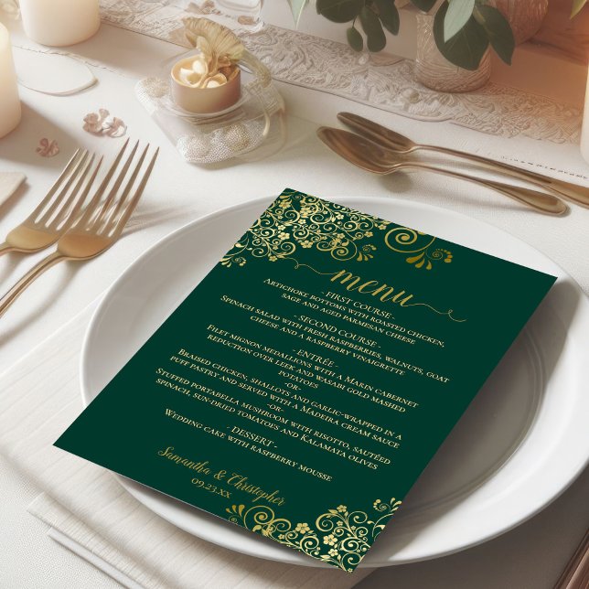 Elegant Frilly Guld Curls on Emerald Grönt Bröllop Meny (5x7 menu on small plate)