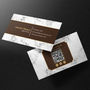 Elegant Frisör Brun Guldmarmor QR-kod Visitkort