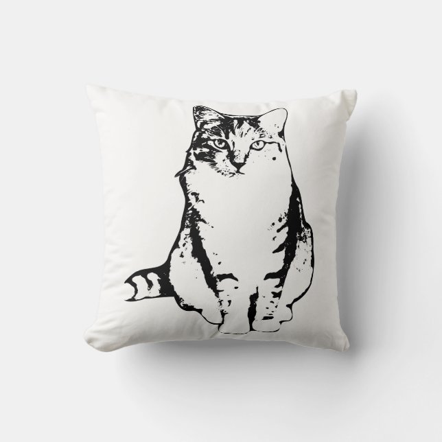 Elegant Frontvänd Tabby katt Bläck Art Pillow Kudde (Framsida)