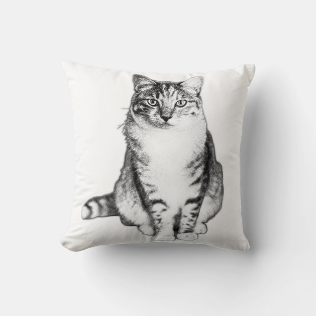 Elegant Frontvänd Tabby katt Bläck Art Pillow Kudde (Framsida)
