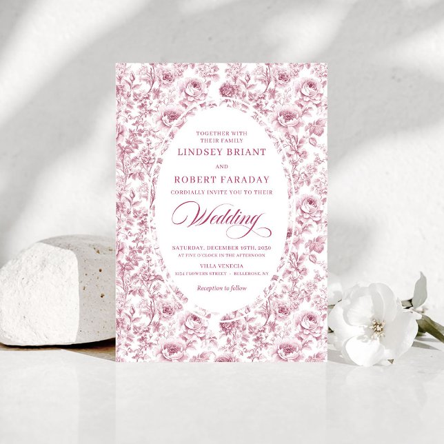 Elegant Fuchsia Dammtrosa Toile Rosor Bröllop   Inbjudningar (Elegant Fuchsia Dusty Pink Toile Roses Wedding Invitation

)