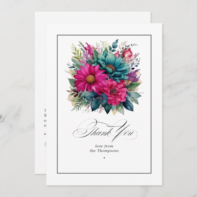 Elegant Fuchsia och Emerald Grönt Bröllop Tack Kort (Fram/baksida)