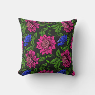 Elegant Fuchsia och svart bakgrund med blå blomma Kudde