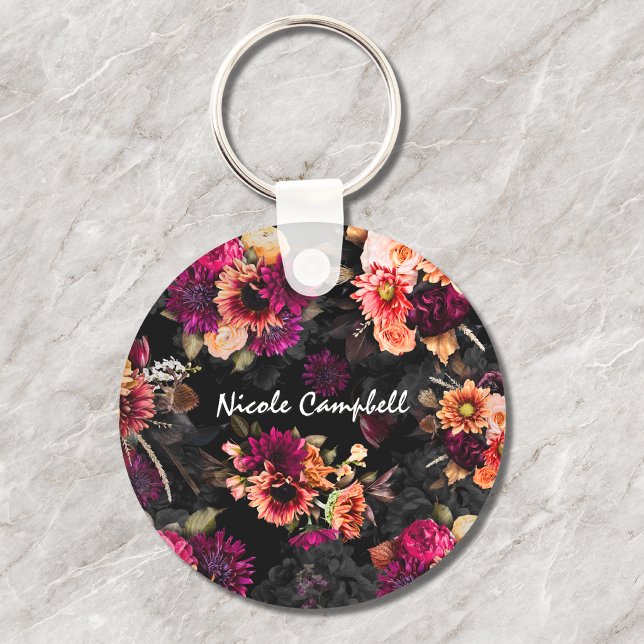 Elegant fuchsia orange blomster monogram nyckelring (Skapare uppladdad)