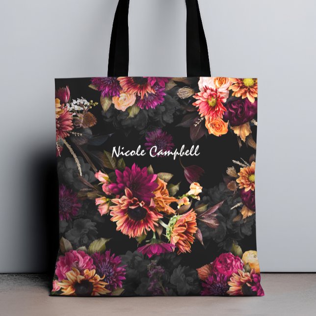 Elegant fuchsia orange blomster monogram tygkasse (Skapare uppladdad)