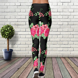 Elegant Fuchsia Rosa Blomma Svart Leggings