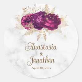 Elegant Fuchsia Rosa Blommigt Guld Framed Bröllop Runt Klistermärke