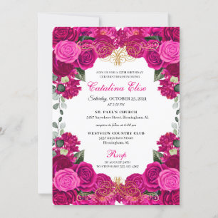 Elegant Fuchsia Rosa Blommigt Quinceanera Birthday Inbjudningar