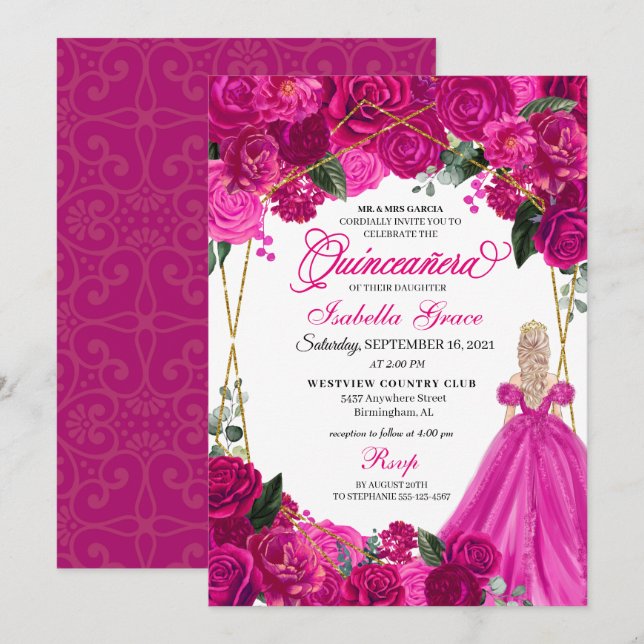 Elegant Fuchsia Rosa Blommigt Quinceanera Birthday Inbjudningar (Fram/baksida)