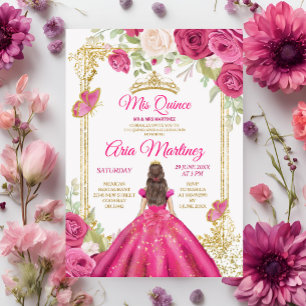 Elegant Fuchsia Rosa Blommigt: Tar bort Mis Quince Inbjudningar