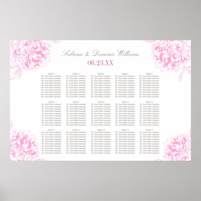 Elegant Fuchsia Rosa Bröllopsplatskarta Poster (Framsidan)