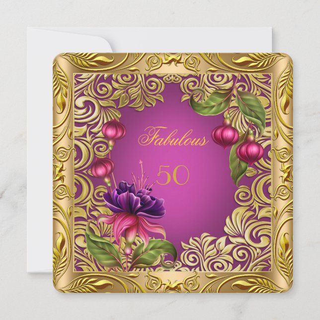 Elegant Fuchsia Rosa Guld 50-års Födelsedagsfest Inbjudningar (Framsida)