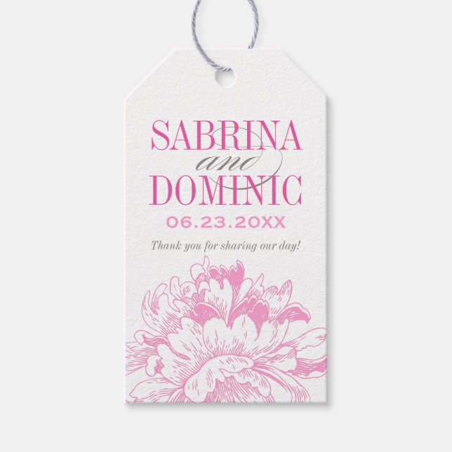 Elegant Fuchsia Rosa och Grått Blommigt Peony Bröl Presentetikett (Framsidan)