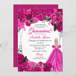 Elegant Fuchsia Rosa Silver Blommigt Quinceanera I Inbjudningar