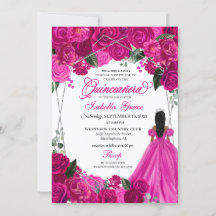 Elegant Fuchsia Rosa Silver Blommigt Quinceanera i