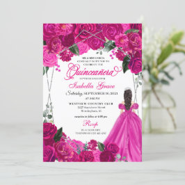 Elegant Fuchsia Rosa Silver Blommigt Quinceanera I Inbjudningar