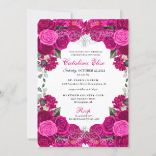 Elegant Fuchsia Rosa Silver Blommigt Quinceanera i Inbjudningar
