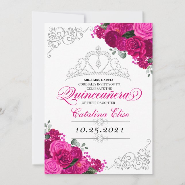 Elegant Fuchsia Rosa Silver Blommigt Quinceanera Inbjudningar (Framsida)