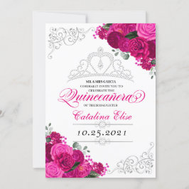 Elegant Fuchsia Rosa Silver Blommigt Quinceanera Inbjudningar