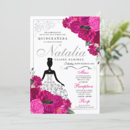 Elegant Fuchsia Rosa Silver Blommigt Quinceanera Inbjudningar