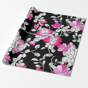 Elegant Fuchsia Rosa White Black Blommigt Decoupag Presentpapper