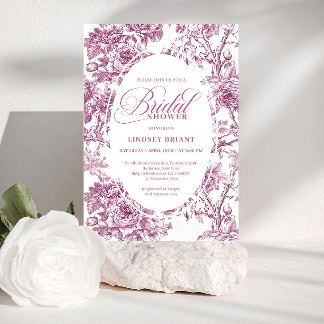 Elegant Fuchsia Toile Rosor Bröllopsdusch Inbjudan (Elegant Fuchsia Toile Roses Bridal Shower Invitation

)