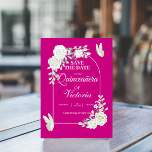 Elegant Fuchsia Vit ros Butterfly Quinceañera Spara Datumet