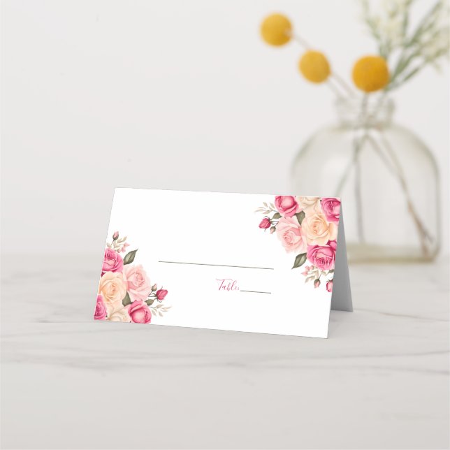 Elegant Fuchsiarosa och Elfenbensvit Ros Bröllop Placeringskort (Baksida)