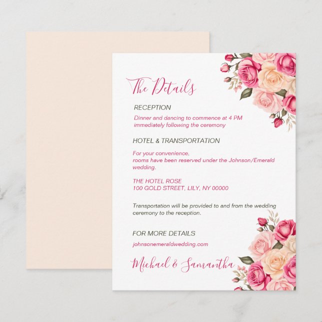 Elegant Fuchsiarosa och Elfenbensvit Ros Bröllop Tilläggskort (Fram/baksida)