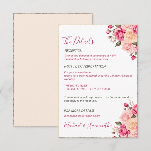 Elegant Fuchsiarosa och Elfenbensvit Ros Bröllop Tilläggskort (Fram/baksida)