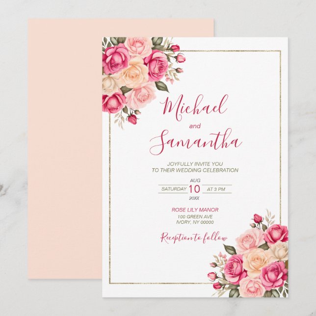 Elegant Fuchsiarosa och Elfenbensvit Rosbröllop Inbjudningar (Fram/baksida)
