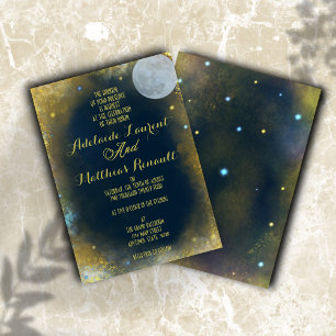 Elegant Full Moon Celestial Bröllop: Blue & Guld Inbjudningar