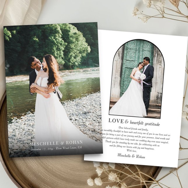 Elegant Fullt Bleed and Arch Bröllop Photo Tack Kort (Wedding photo thank you card with full bleed photo and elegant arch shaped picture by Darling & May)