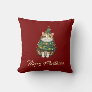Elegant Funny Cat Julgran Red Grönt Kudde