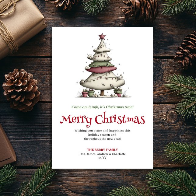 Elegant Funny Christmas Tree Hand Drawn Design Julkort (Elegant Funny Christmas Tree Hand Drawn Design Holiday Card)